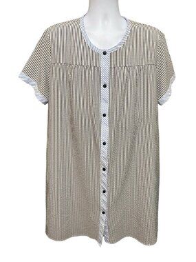 Yozly House Dress XXL Seersucker Short Sleeve Pockets Full Snap Below Knee Robe